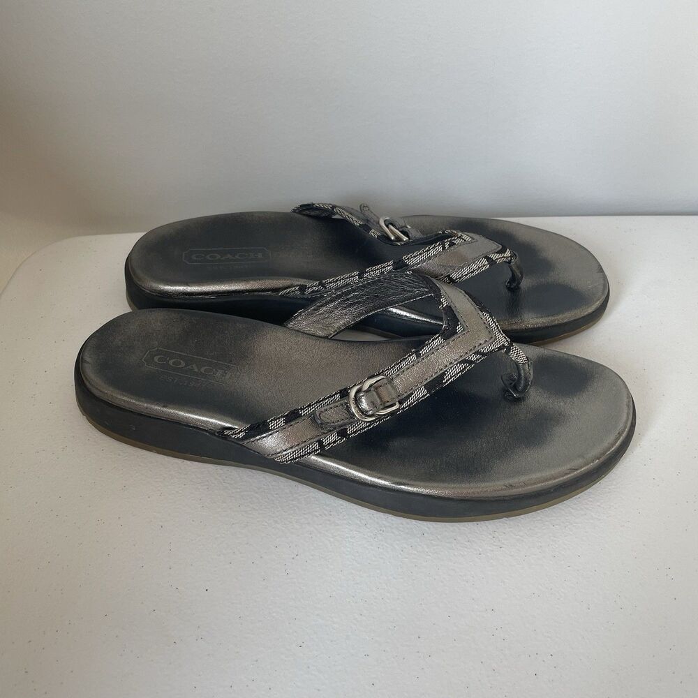COACH Lindsey Leather Flip Flop Sandals Shoes Silver Gray Black Women's Size 8.5 - Picture 2 of 12